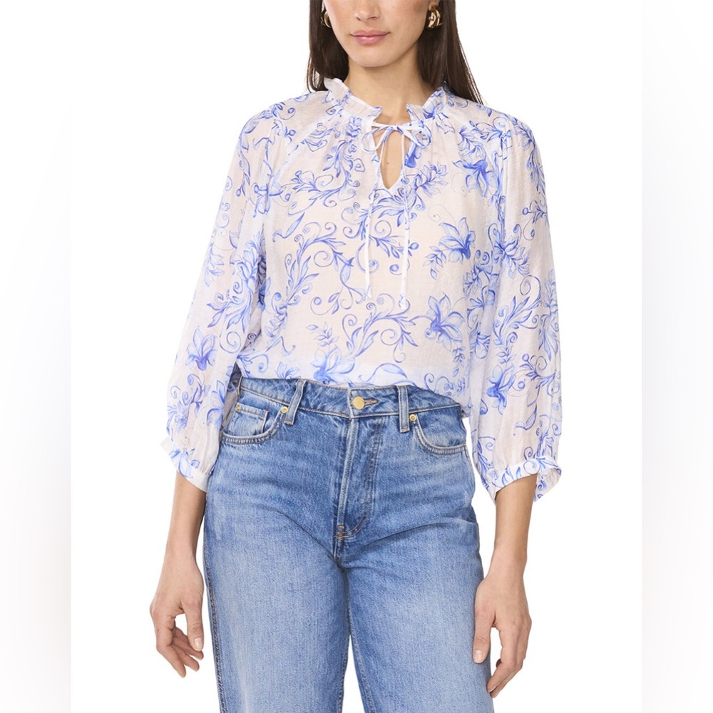 Vince Camuto Floral Button-Up Tie Hem Blouse New Size XL